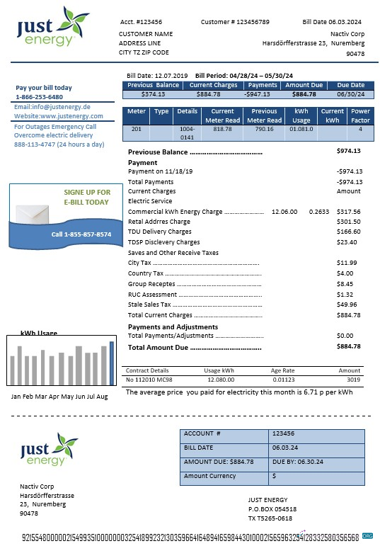 Download Germany Just Energy business utility bill template in Word and PDF formats Photoshop template